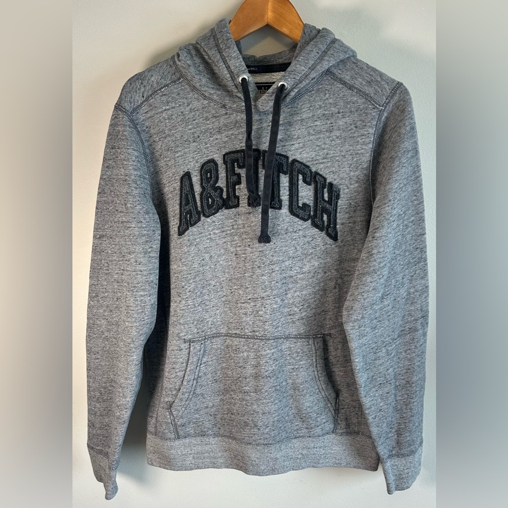 Vintage Y2K Abercrombie & Fitch Mens L Gray Muscle Hoodie Sweater Embroidered